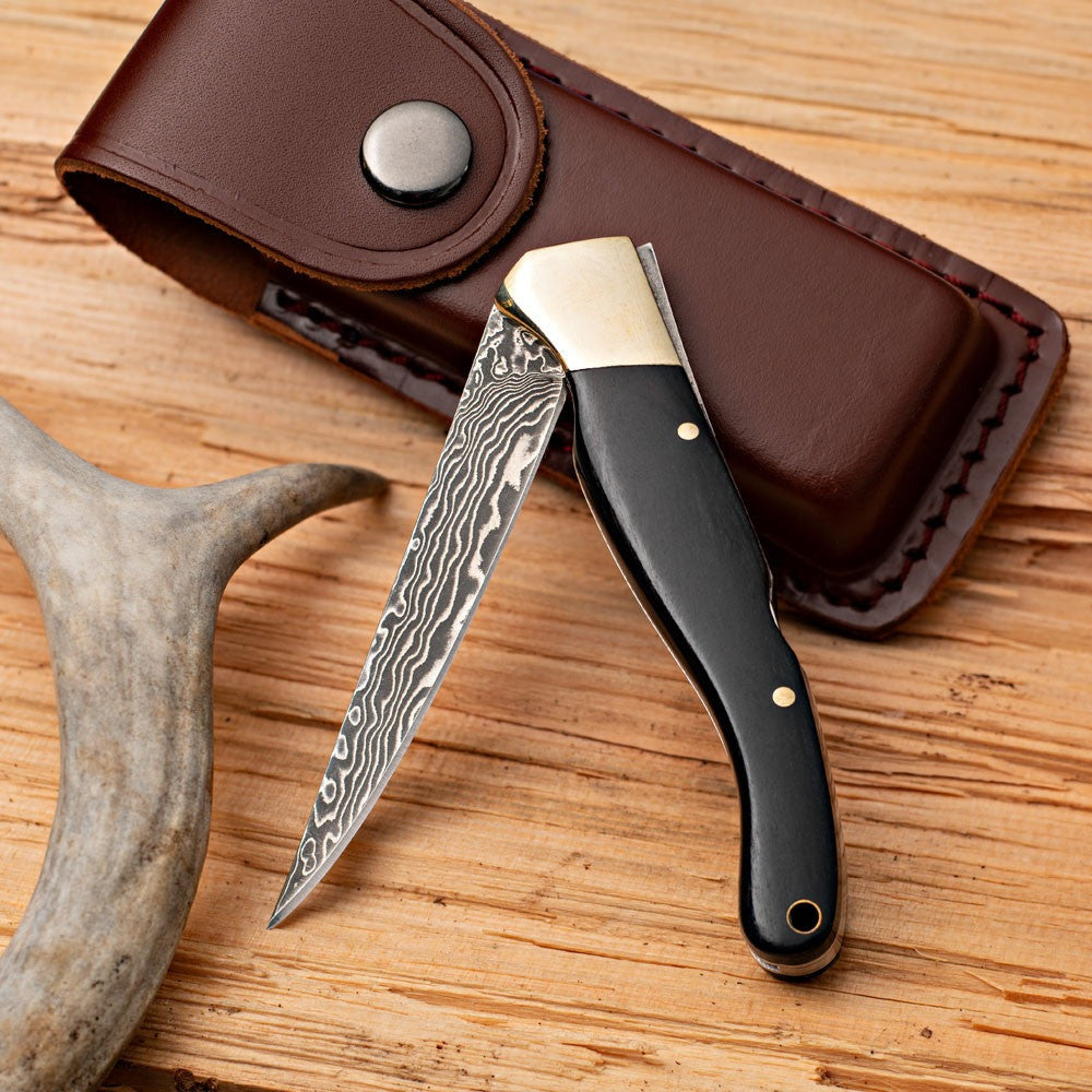 Damascus Steel & Ebony Handled Folding Knife