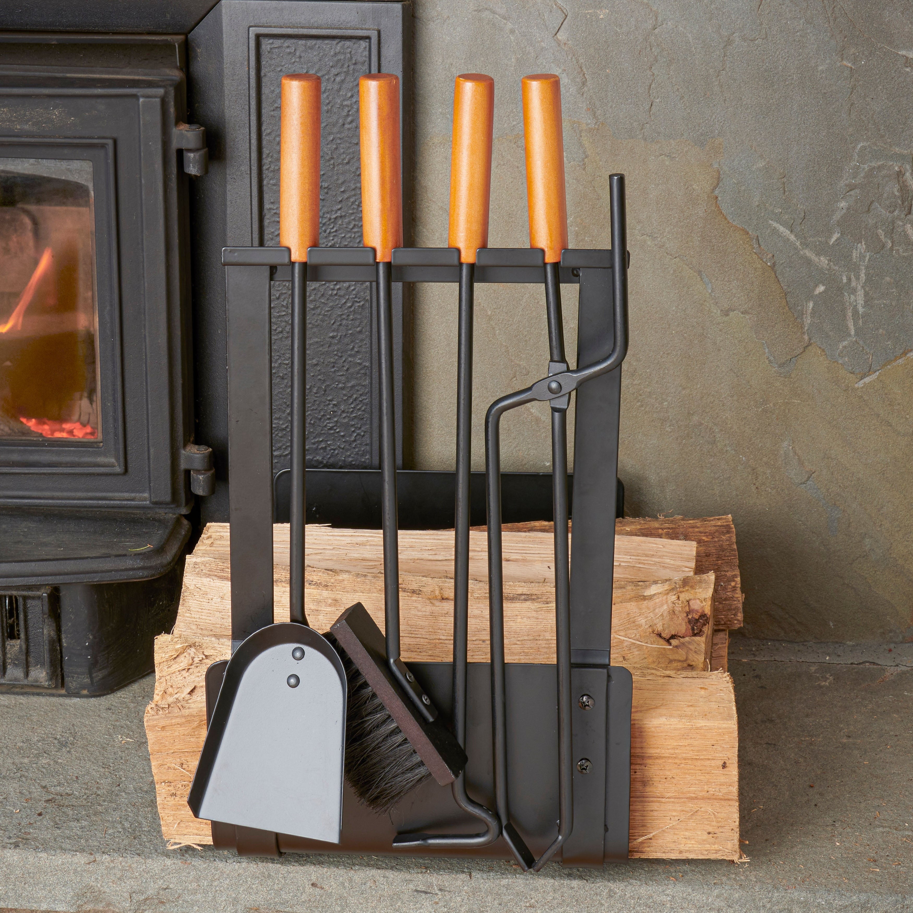 5-Piece Wood Black Fireplace Rack and Tools Set