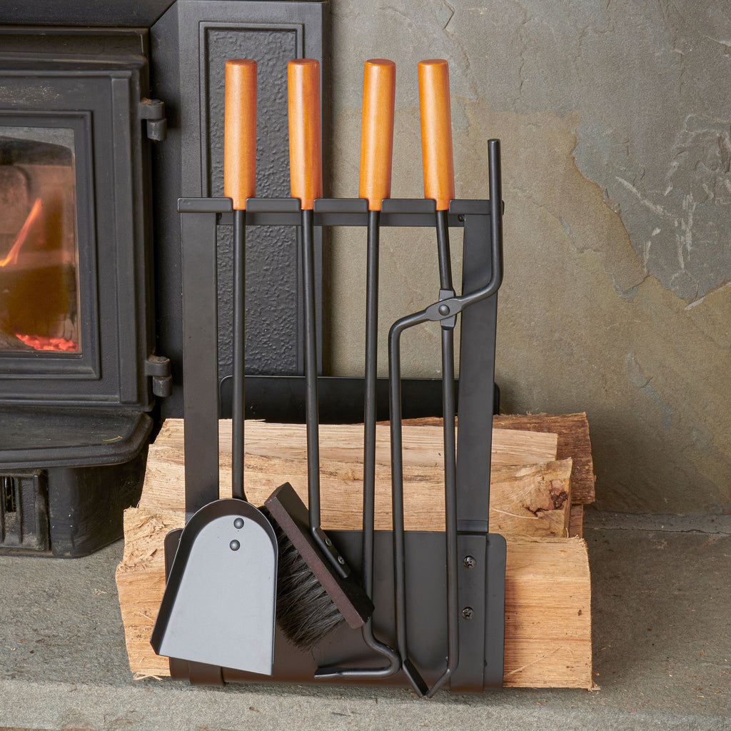 5-Piece Wood Black Fireplace Rack and Tools Set
