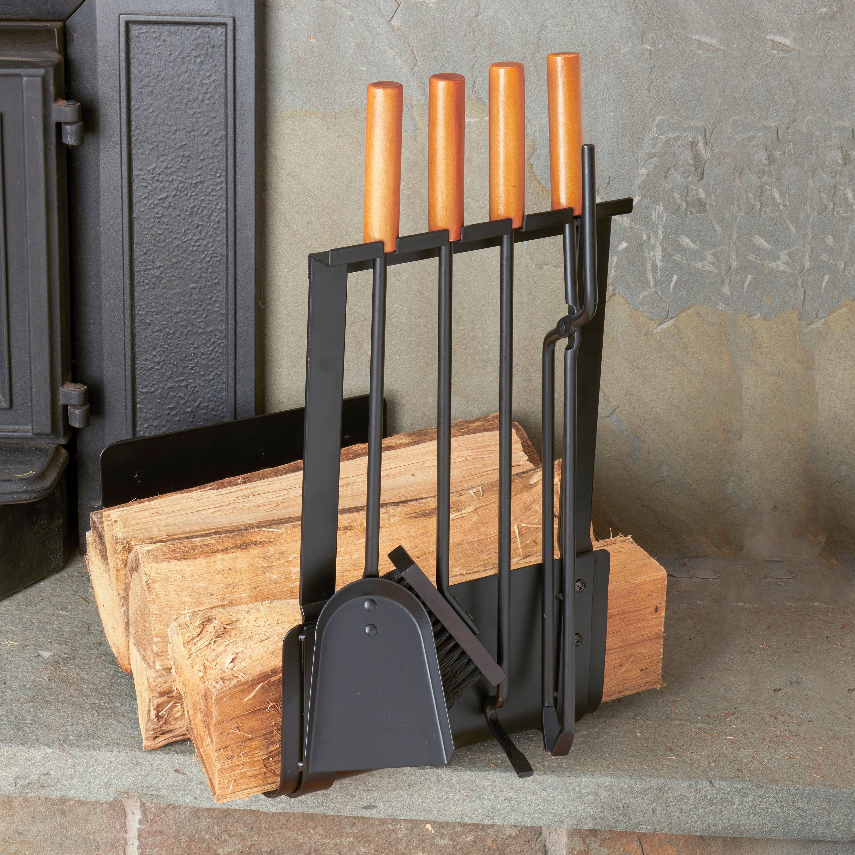5-Piece Wood Black Fireplace Rack and Tools Set
