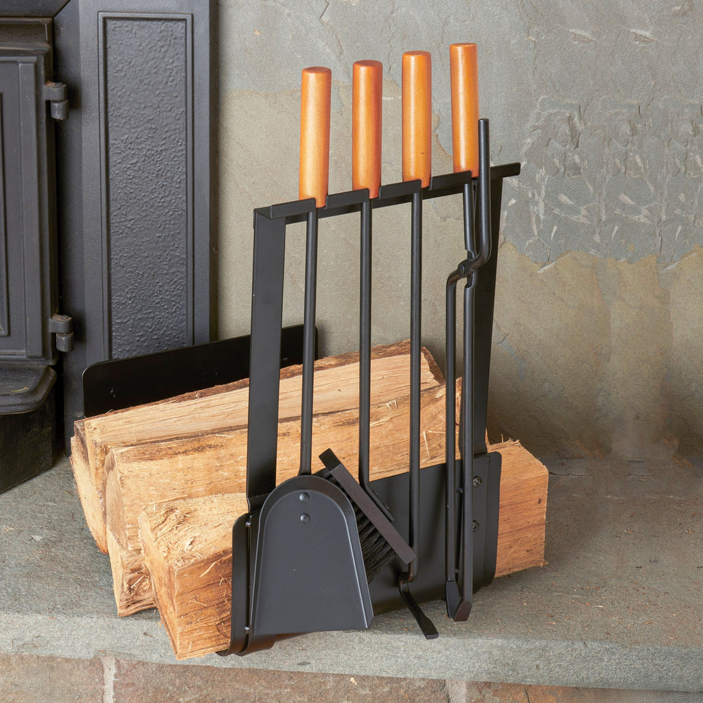 5-Piece Wood Black Fireplace Rack and Tools Set
