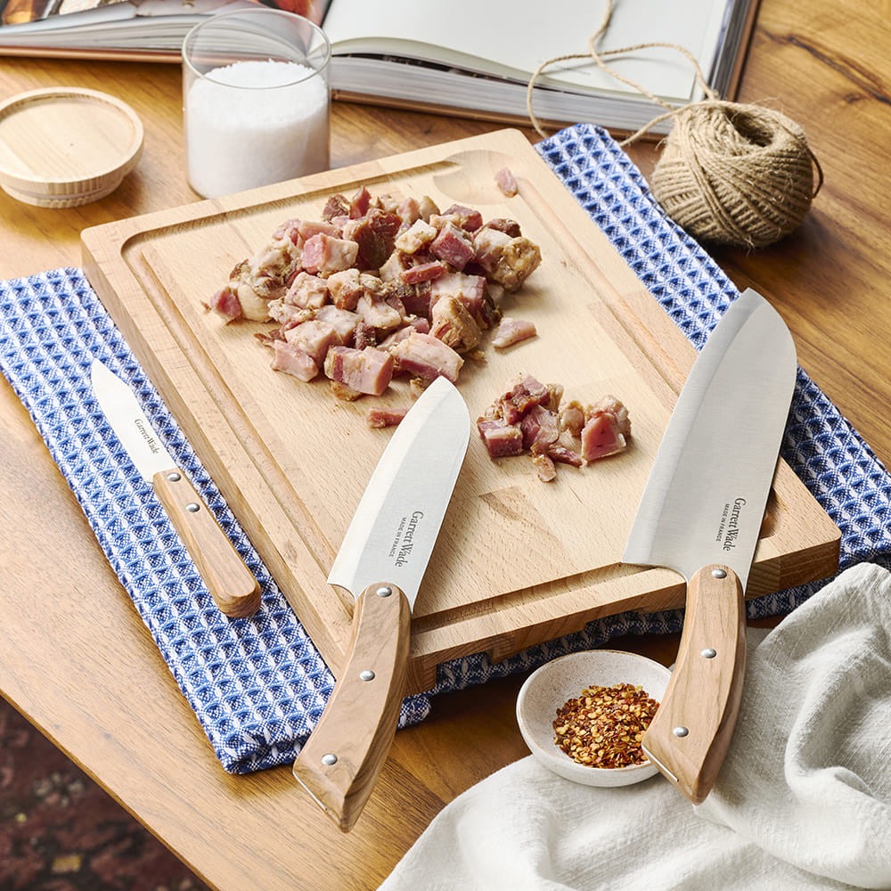 Three Olivewood-Handled Knives & Cutting Board