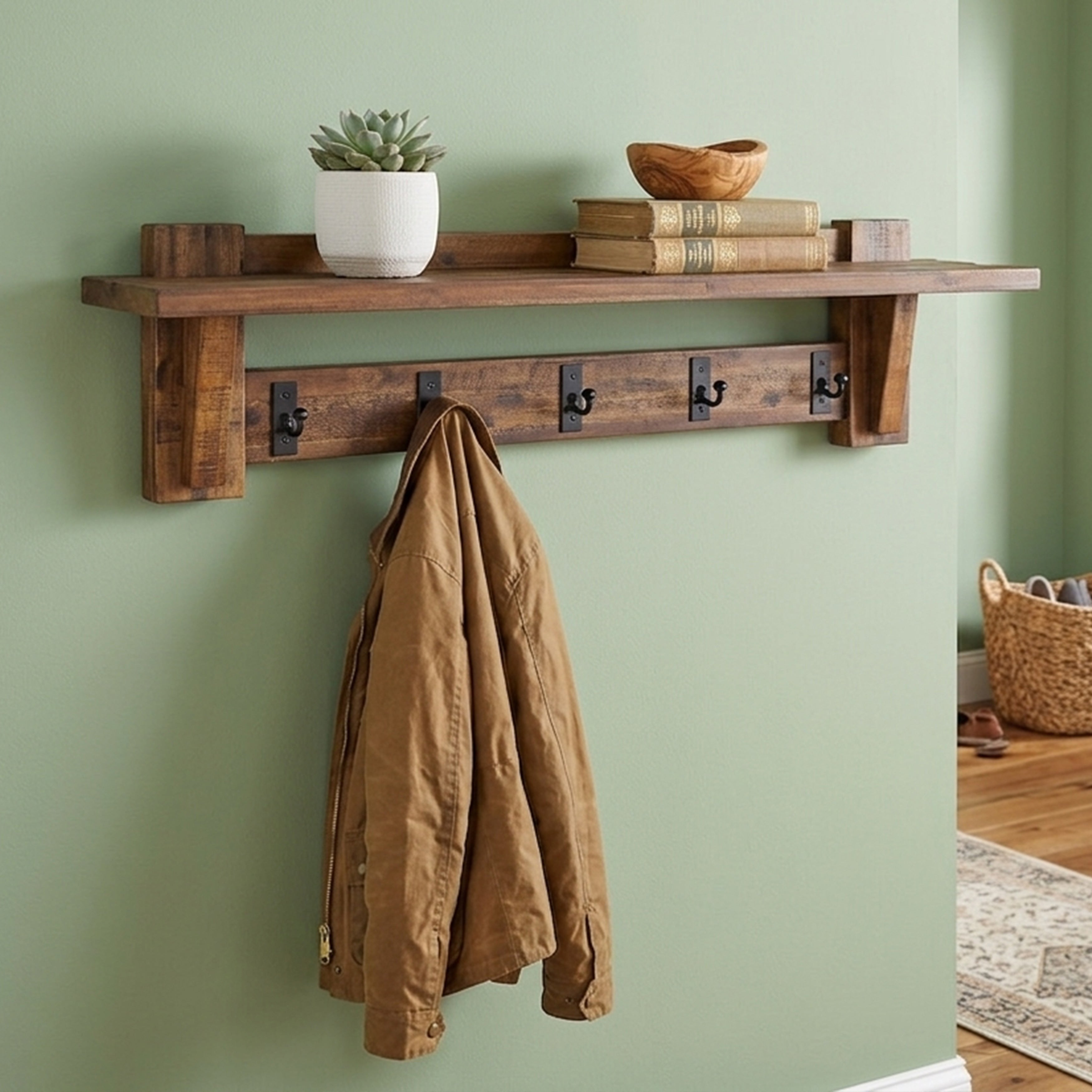 Industrial Style Entryway Shelf with Hooks