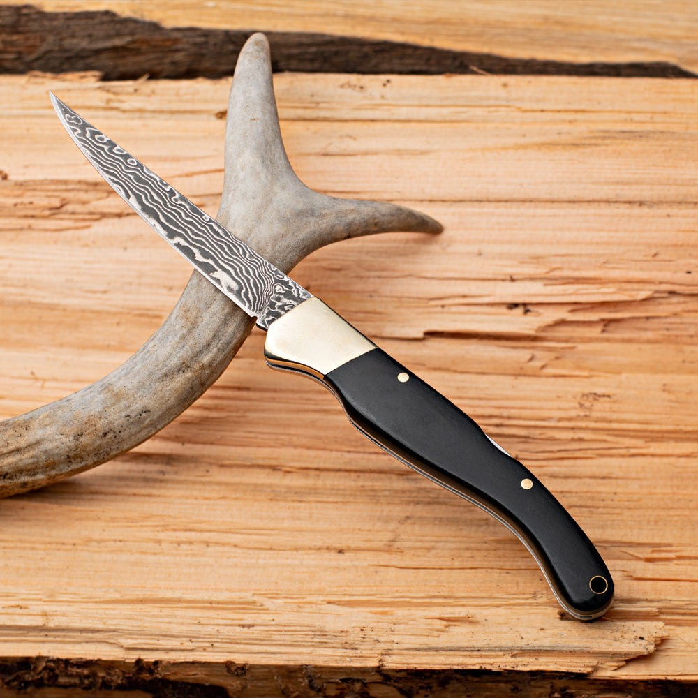 Damascus Steel & Ebony Handled Folding Knife