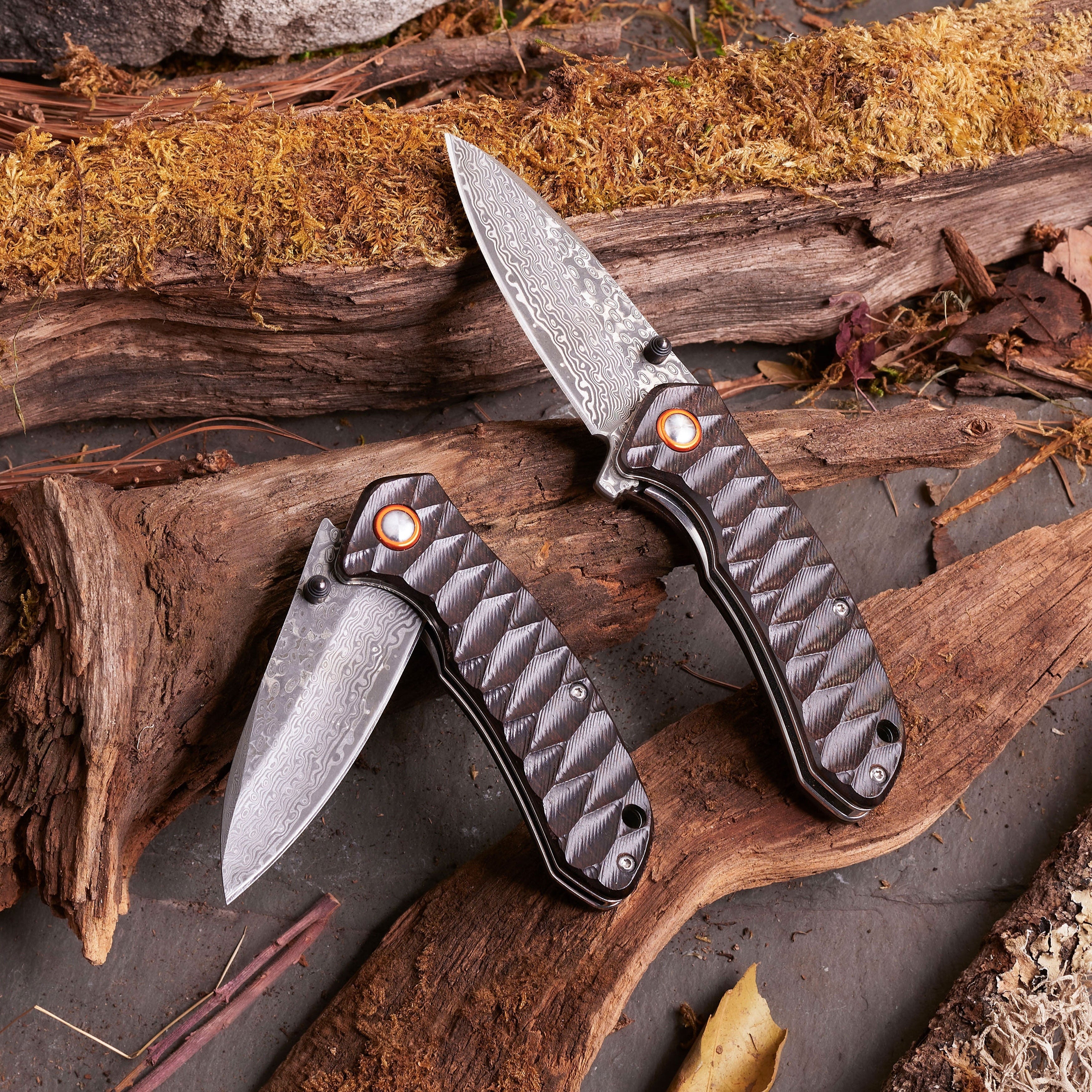 Fine Folding Damascus Steel Knife with Ebony Handle