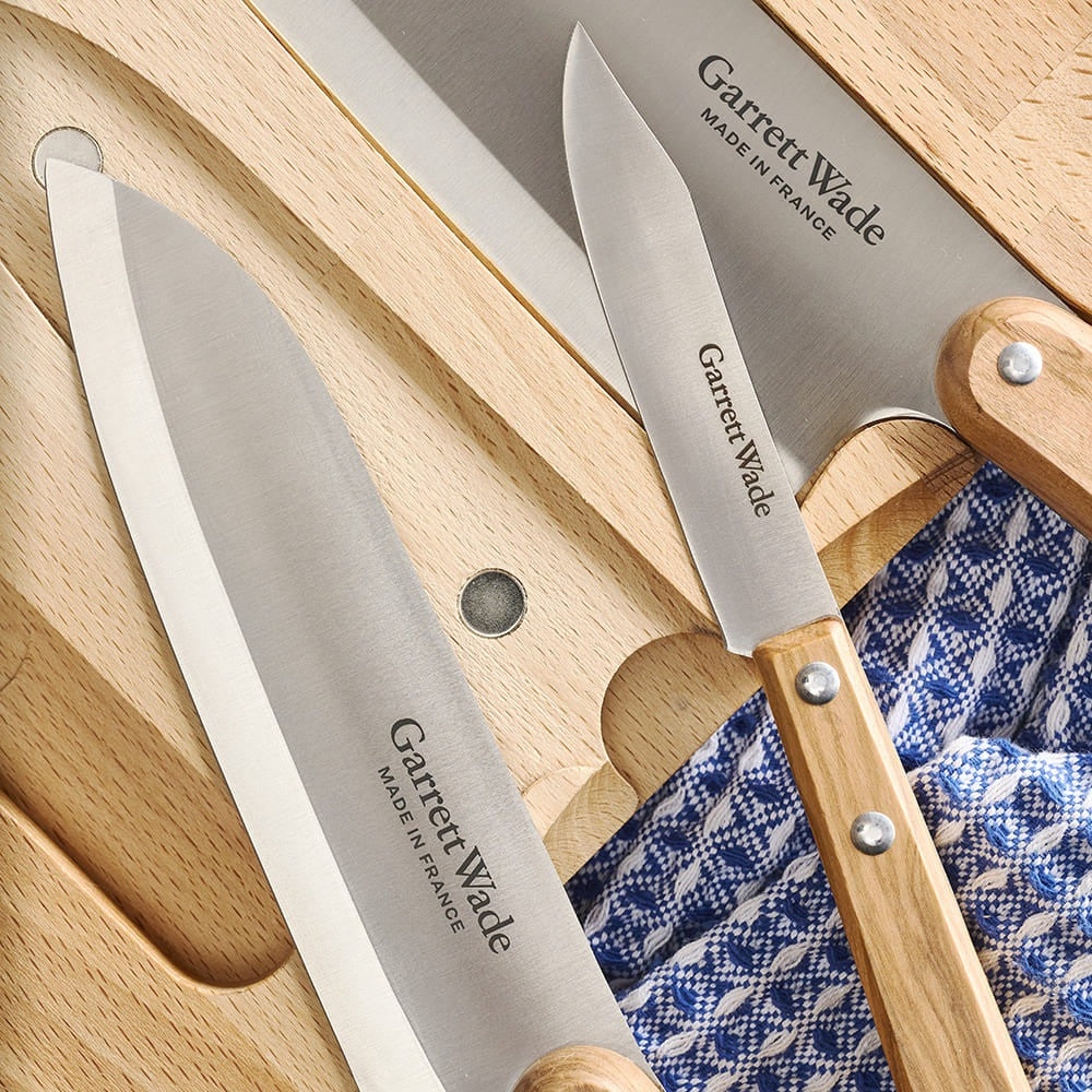 Three Olivewood-Handled Knives & Cutting Board