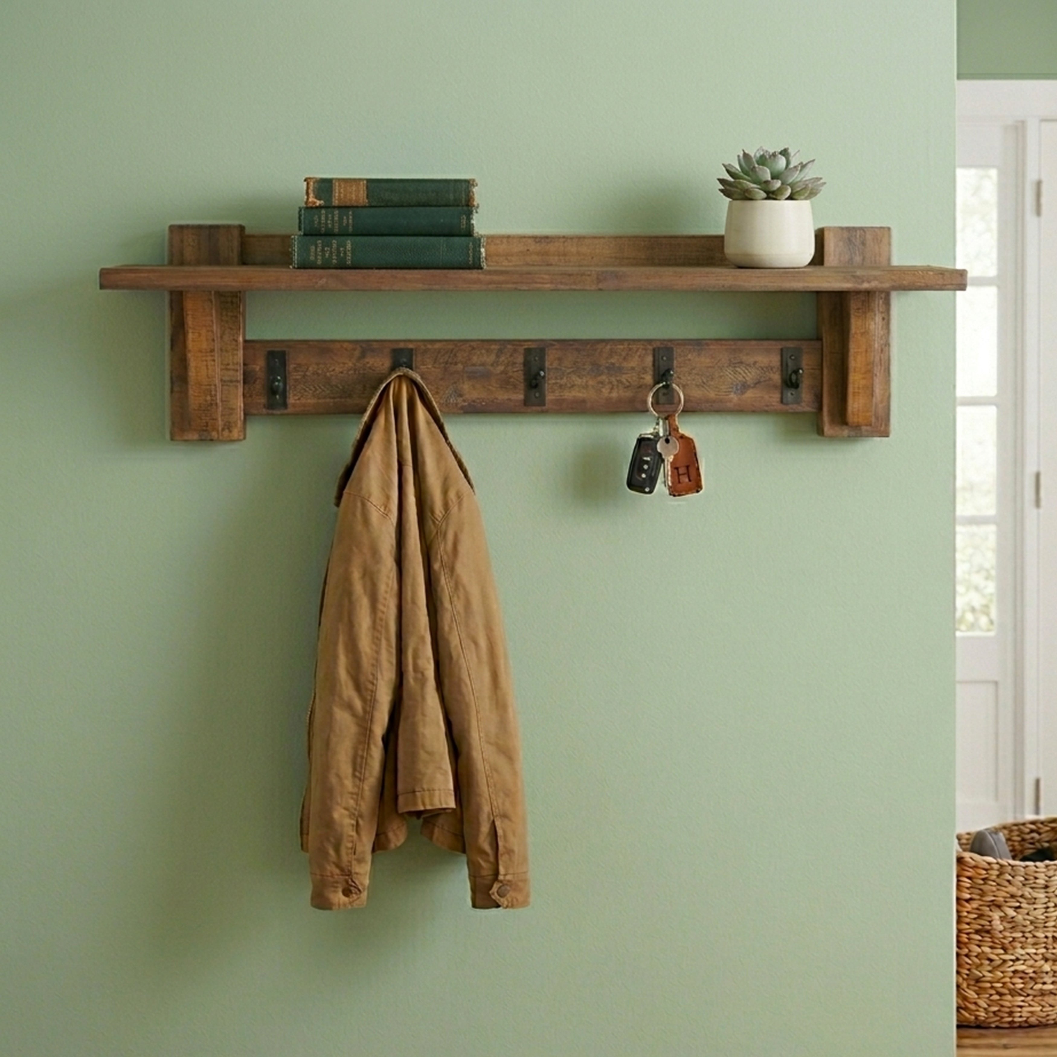 Industrial Style Entryway Shelf with Hooks