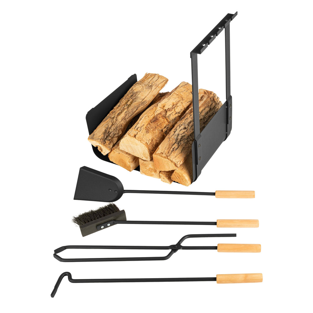 5-Piece Wood Black Fireplace Rack and Tools Set