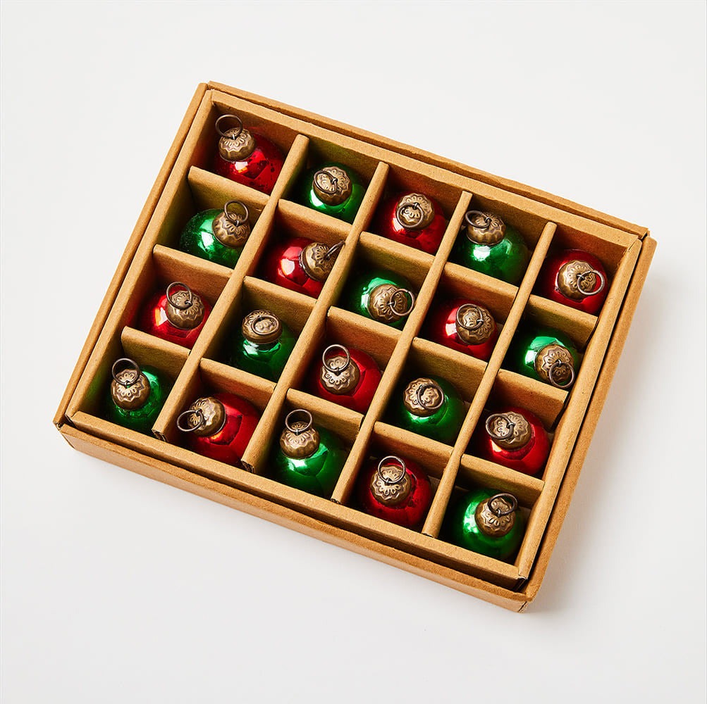 Set of 20 Mini Mercury Glass Ornaments- Green/Red