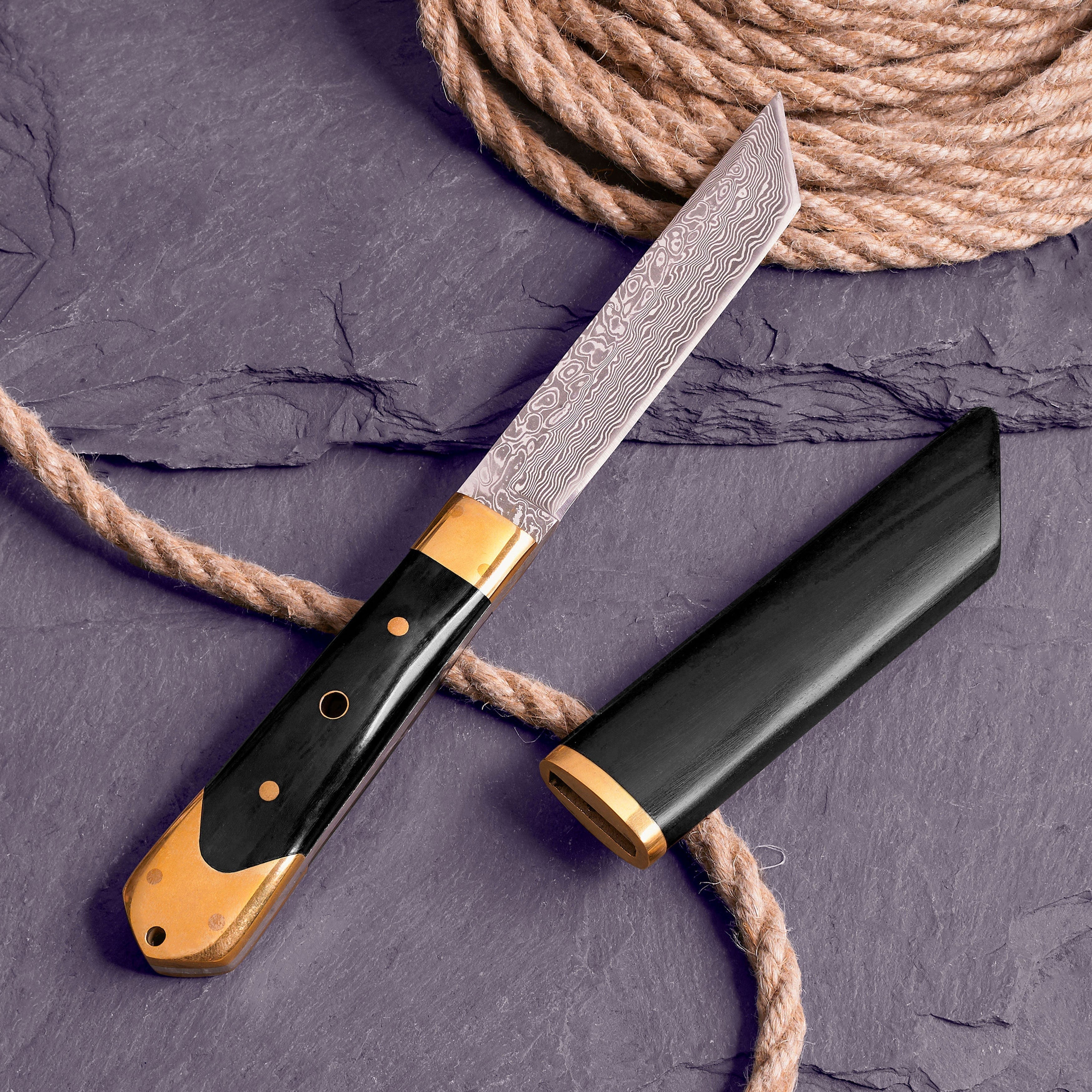 Versatile Damascus Steel Knife with Ebony and Brass Handle