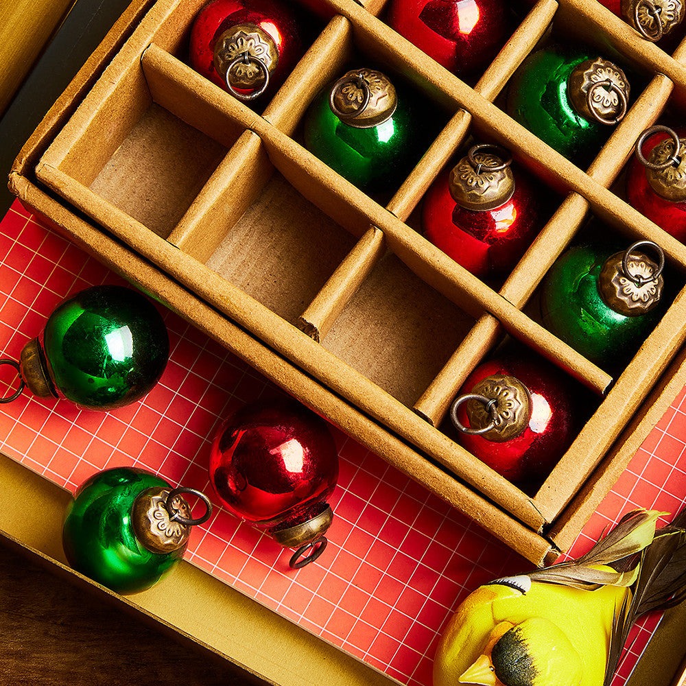 Set of 20 Mini Mercury Glass Ornaments- Green/Red